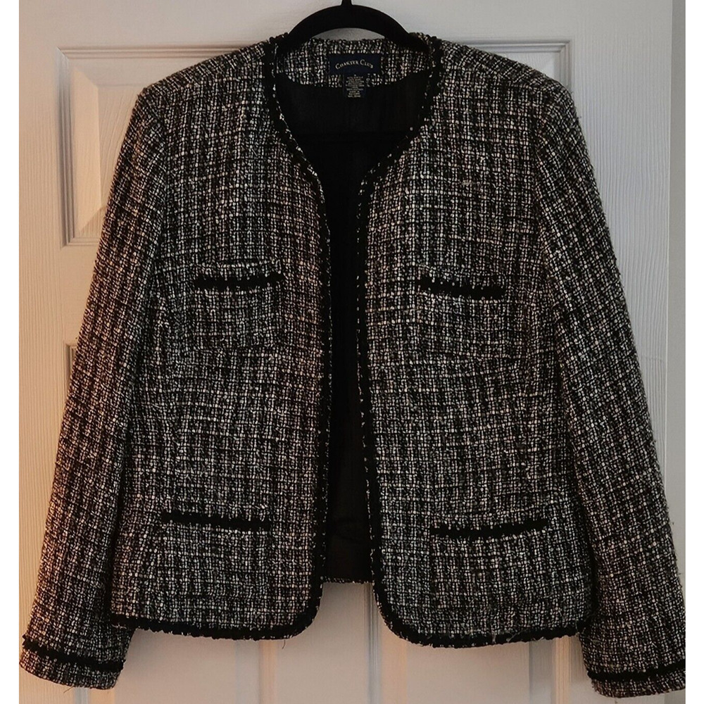 Charter Club Collarless Lined Tweed Jacket, Womans Black and White Size 16 - Picture 2 of 8